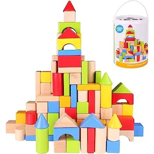 Pidoko Kids Wooden Blocks - 100 Pcs - Building Blocks for Toddlers - includes Storage Container with Shape Sorter Top - Hardwood Plain & Colored Wood Blocks - Preschool Block Learning Toys