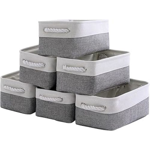 TheWarmHome Small Storage Baskets for Organizing,Storage Baskets for Shelves,Small Fabric Storage Bins W/Handles For Closet Nursery Toy Decorative Foldable (White&Grey, 11.8L*7.9W*5.2H-6 Pack)