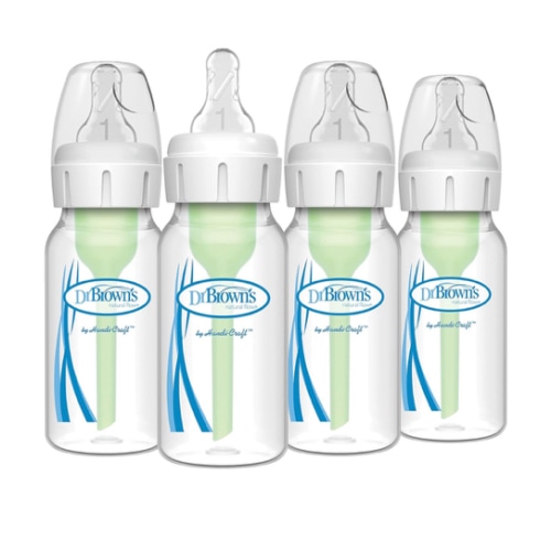 Dr. Brown's Natural Flow Anti-Colic Options+ Narrow Baby Bottle, 4 oz/120 mL, with Level 1 Slow Flow Nipple, 0m+, 4 Bottles