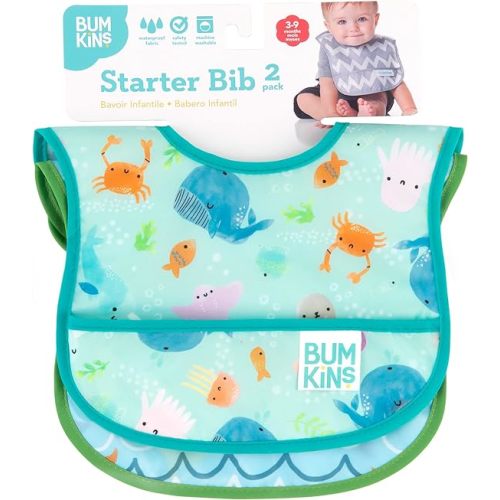 Bumkins Starter Bib, Baby Bib Infant, Waterproof Fabric, Fits Infants and Babies 3-9 Months - Ocean Life/Whale Tail