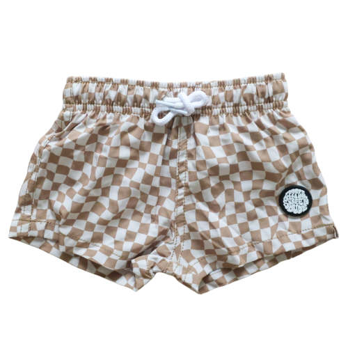 Brown Checkered Little Surfer Dude Swim Trunks