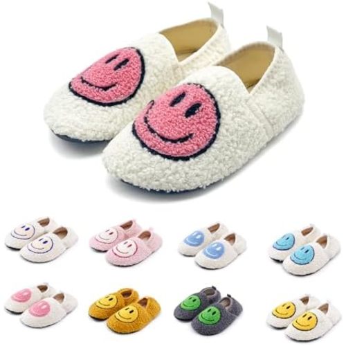 FUUPNN Smile Face Slippers for Toddler Boys Girls,Retro Cute Soft Plush Fuzzy House Slippers Non-slip Slippers with Memory Foam Warmth Happy face Slippers Warm Cozy Socks Smile Slippers for Winter