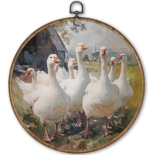 TLESKE Rustic Goose Duck Round Wall Art Decor 10x10, Vintage Spring Geese Ducks Framed Canvas Wall Art Prints Artwork, Farmhouse Wall Hanging Room Door Decor Decorations for Bedroom Living Room