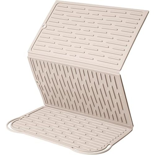 NiHome Trifold Dish Drying Mat Extra-Large 23.4"x12.8", Foldable Compact Easy Storage Silicone Drying Mat for Kitchen Counter Heat & Cold Resistant, Anti-Slip Durable Dish Drying Kitchen Mat (Beige)