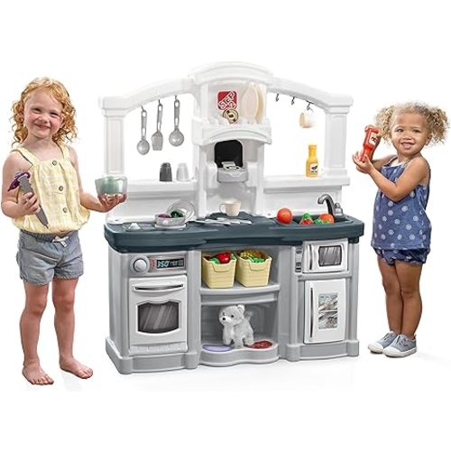 Step2 Fun with Friends Kids Kitchen, Indoor/Outdoor Play Kitchen Set, Toddlers 2 – 10 Years Old, 25 Piece Kitchen Toy Set, Easy to Assemble, Gray