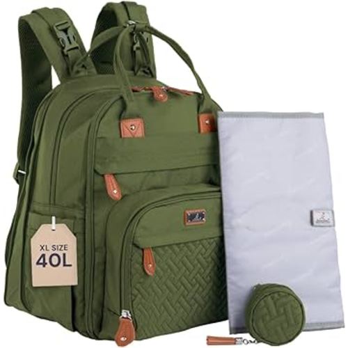 BabbleRoo Extra Large Diaper Bag Backpack, Expandable Baby Bag with Up to 50% More Capacity - Travel Essentials Baby Bag Tote with Changing Pad, Stroller Straps & Pacifier Case - Unisex, Forest Green