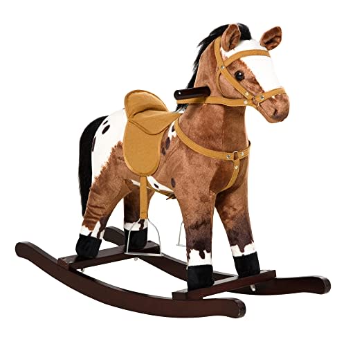 Qaba Kids Wooden Plush Ride-On Rocking Horse Chair Toy with Realistic Sounds Dark Brown/White