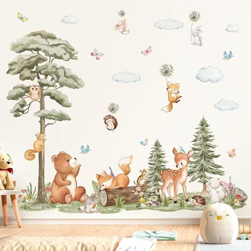 decalmile Forest Animals Tree Bear Deer Fox Wall Decals Stickers (XL)