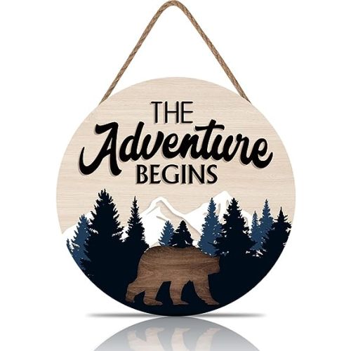The Adventure Begins Wooden Hanging Sign,Woodland Nursery Decor,Bear Mountain Inspirational Quotes Wooden Plank Sign For Home Cabin Decor,Forest Camping Sign (12”X 12”)