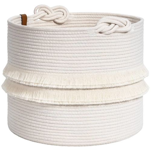 CherryNow Toy Basket Baby Laundry Storage Basket for Blankets, White Baskets for Nursery, Gift Empty to Fill, Cute Organizer for Home Decor, Woven Storage for Living Room, 15" x 13"