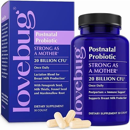 Lovebug Postnatal | Clinically Studied Ingredients for Breast Milk Production & Acid Reflux | Mental & Emotional Support | Glucose Support | Multi Strain 20 Billion CFU | 30 Capsules