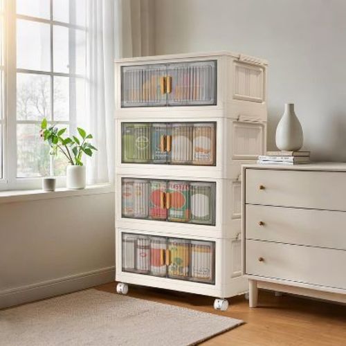 4 Tiers Foldable Storage Bins, 84QT Per Stackable Storage Containers With Magnetic Door and Smooth Wheels Stackable for Toys, Snacks, Books, Clothes