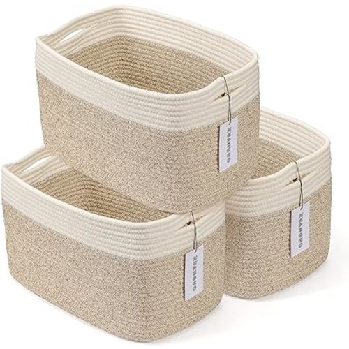 Cotton Rope storage Basket Bins Woven Basket for Organizing Shelves Rectangle Decorative Baskets For storage Clothes Toys Books Towels Square Wicker Nursery basket organizer 3 pack white and brown