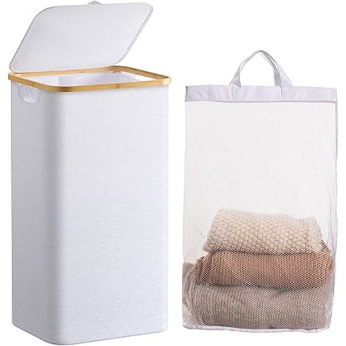 HBlife 100L Large Laundry Hamper with Lid and Removable Inner Bag, Collapsible Dirty Clothes Basket Organizer for Bathroom, Bedroom and Laundry Room, White