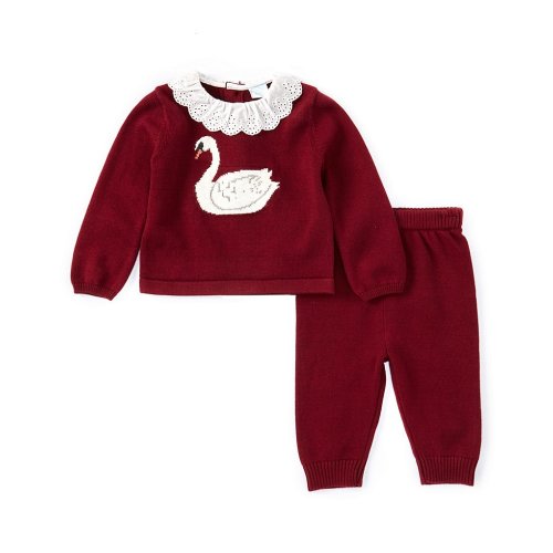 Edgehill Collection Baby Girls 3-24 Months Long Sleeve Flutter Collar Sweater Swan Shirt & Pants Set