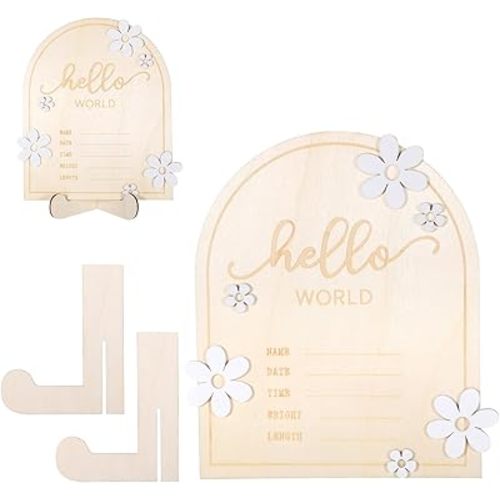 Hello World Newborn Sign, Birth Announcement Board for New Baby Wooden Newborn Welcome Baby Sign for Hospital Nursery