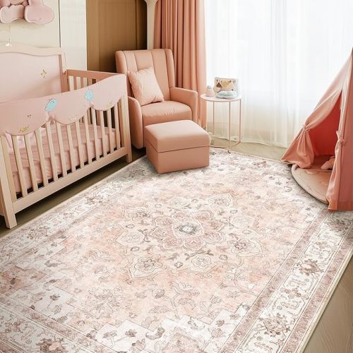 Machine Washable 5x7 Area Rugs for Living Room Vintage Carpet Non Slip Low Pile Water Repellent Soft Print Pattern for Bedroom Indoor Decor Polyester Rug Pink