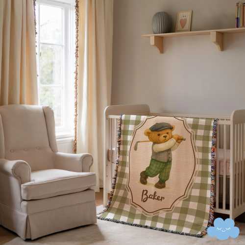 Personalized Woven Golf Baby Blanket - Teddy Bear Sport Nursery Decor