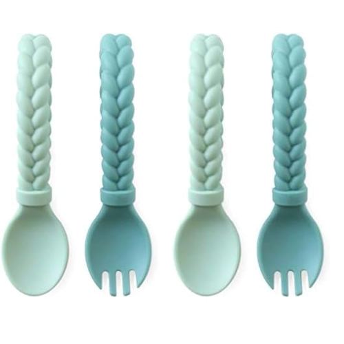 Itzy Ritzy Silicone Spoon & Fork Set; Baby Utensil Set Features A Fork and Spoon with Looped, Braided Handles; Made of 100% Food Grade Silicone & BPA-Free; Ages 6 Months and Up, Mint (Pack of 2)