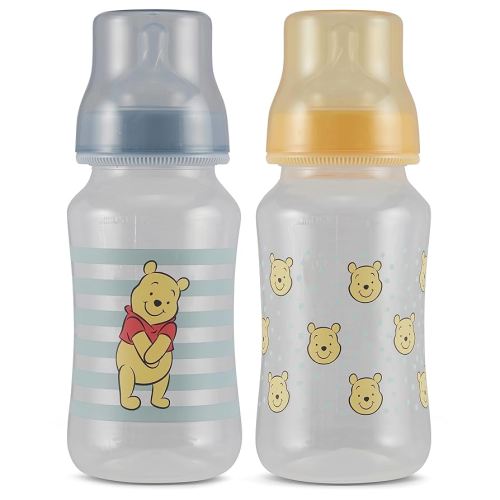 Disney Winnie The Pooh Baby Bottles 11 oz for Boys or Girls | 2 Pack of Infant Hourglass Shaped Bottles with Cover for Newborns and All Babies | BPA-Free Plastic Baby Bottle for Baby Shower