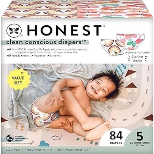 The Honest Company Clean Conscious Diapers | Plant-Based, Sustainable | Wingin' It + Catching Rainbows | Super Club Box, Size 5 (27+ lbs), 84 Count