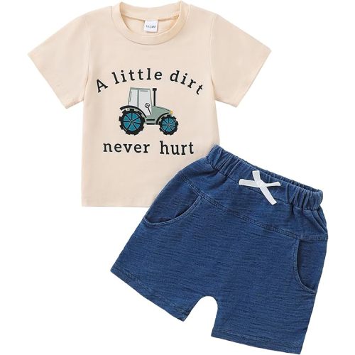 Jecson Baby Boy Summer Clothes Toddler Boy Outfits Letter Print Short Sleeve T-Shirt Denim Shorts Clothing Set 6M-4T