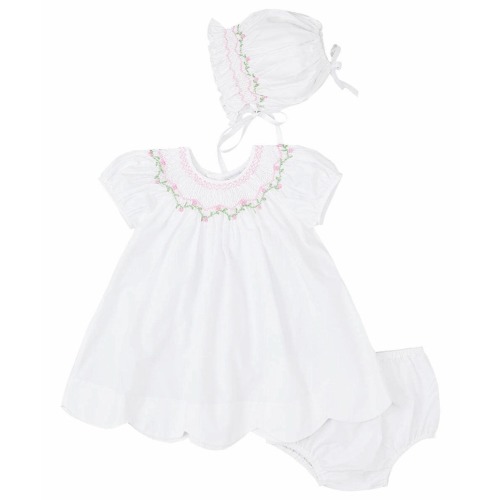 White Smocked Puff Sleeve Dress with Bonnet + Bloomer (SIZES 0M-24M)