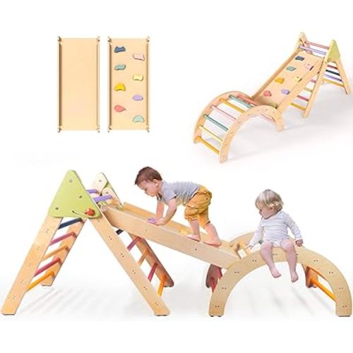 LOL-FUN Pikler Triangle Set Montessori Toddler Climbing Toys Indoor, Foldable Climbing Toys for Toddlers 1-3 Inside, 3 Piece Baby Climbing Gym Indoor Playground
