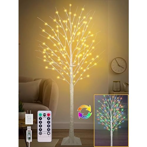 6FT Lighted Birch Tree with 130 LEDs Warm White and Multicolor Lights, 8 Functions Remote Faux Light Up Twig Christmas Tree for Indoor Outdoor Xmas Holiday Party Decoration