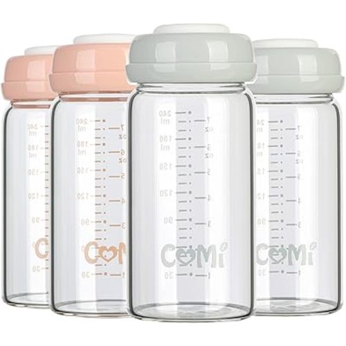 COMI Wide Neck Glass Breastmilk Collection n Storage Bottle, 4 Packs, 8oz with Screw Ring Sealing Disk; Re-markable Sealing Disc. BPA Free, Fits Breast Pumps & Nipples (2 Gray Lids + 2 Pink Lids)