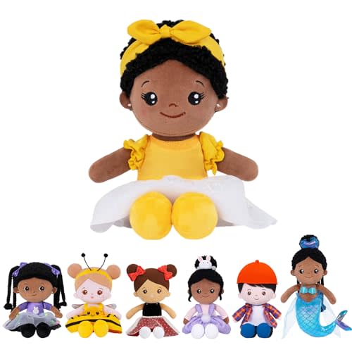 OUOZZZ 12" Soft Black Baby Dolls for Girls - First African American Baby Dolls Multicultural Plush Rag Doll Sleeping Cuddle Buddy Doll Yellow Bow-tie Toy for Kids