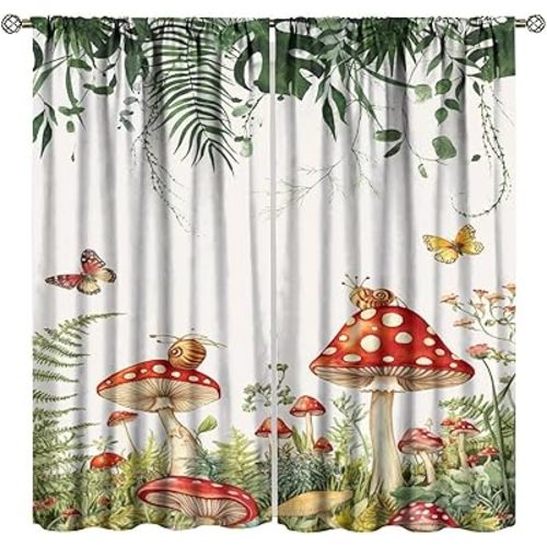 Mushroom Curtains, Green Eucalyptus Leaves Butterfly Natural Plants Home Decor Bedroom Living Room Kitchen Window Treatment 2 Panel Set Total Size 42" W X 45" L Inch