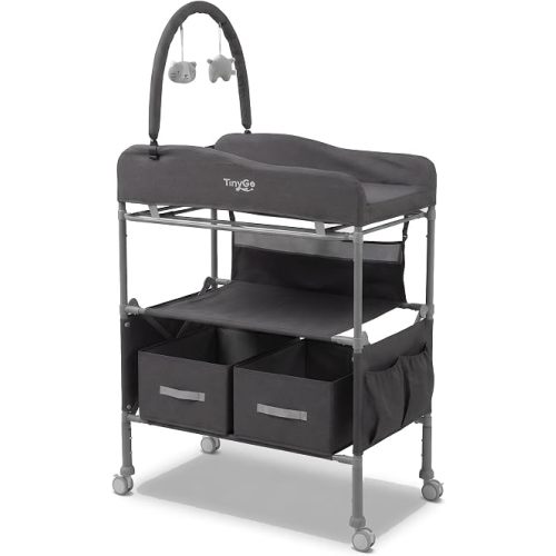 Portable Baby Changing Table with Wheels - Modern Dresser Changing Tablesw/Hanging Toys, Laundry Bag, Changing Table Organizer Boxes - FoldingWaterproof Baby Diaper (Dark Grey)