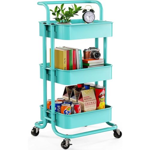 Pipishell 3 Tier Rolling Cart, Metal Utility Cart with Wheels and Handle, Rolling Storage Cart for Nursery Room, Living Room, Painting Room, Office and Kitchen, Turquoise