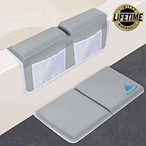 Baby Bath Kneeler with Elbow Rest Pad Set for Baby Bathtub Support, 1.5" Thick Soft Non-Slip Infant Tubs Kneeling Seats Mat and Arm Rest Cushion with Toy Organizer for Happy Newborn Baby Bathing Time
