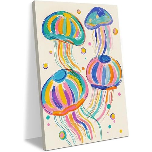 Abstract Coastal Jellyfish Decor Shell Decor Sea Beach House Wall Decors Canvas Wall Art Summer Framed Prints Artwork Posters Painting Picture for Home Dining Room Kitchen Bedroom 11.5X14.5 Inch