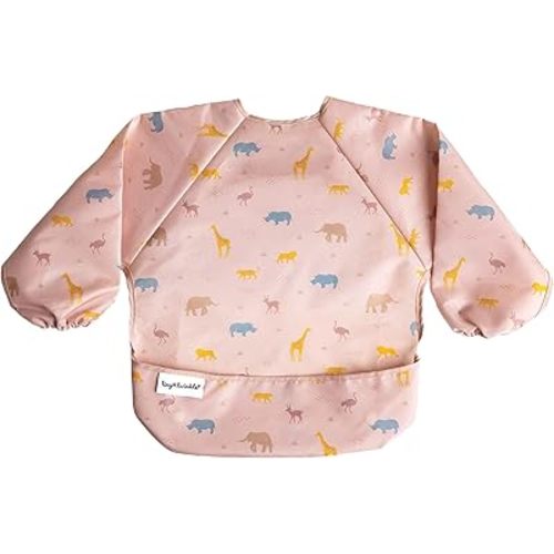 Tiny Twinkle Mess Proof Baby Bib, Cute Full Sleeve Bib Outfit, Waterproof Bibs for Toddlers, Machine Washable, Tug Proof Closure, Baby Smock for Eating, Long Sleeved (Petite Safari, Small 6-24 Months)