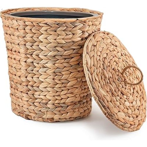 KOLWOVEN Wicker Trash Can with Lid in Bedroom, Bathroom - Trash Can in Office - Boho Woven Wicker Waste Basket - Office Garbage Cans for Under Desk (Water Hyacinth, Medium (D11 X H11))