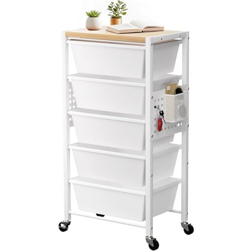 Rolling Cart with 5 Drawers, Plastic Drawer Storage Carts with Lockable Wheels & Wooden Tabletop, Metal Utility Cart with Pegboards & Hooks, Office Living Room Craft Organization and Storage, White