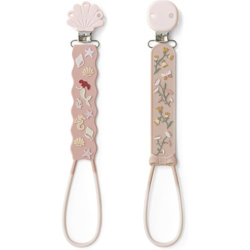Moonkie Flat Silicone Pacifier Clips (2-Pack) – One-Piece Strap Holders, Binky Clips for Baby Boys & Girls, Gift-Ready Baby Essentials (Mermaid Dreams)