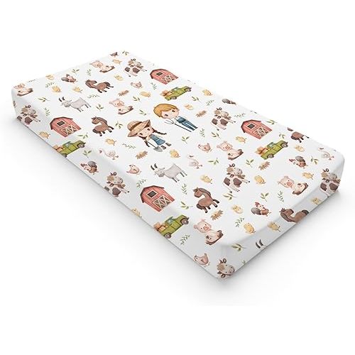 Baby Farm Life Changing Pad Cover for Boy Girl 32''x16'' Farm Animals Pig Goat Horse Cow Chick Rooster Duck Leaves Barn Truck Fitted Changing Pad Sheets Soft Breathable Diaper Change Table Mats