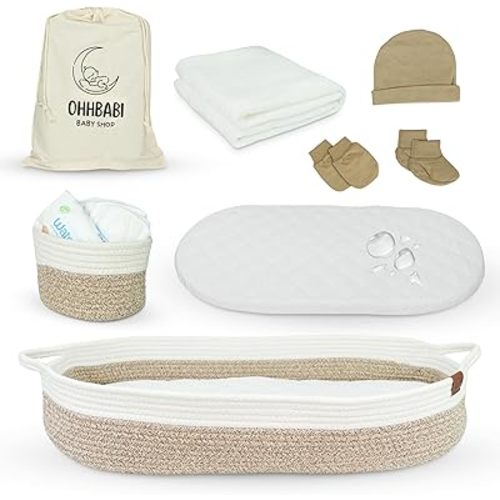 Baby Changing Basket Set w/Matching Diaper Caddy - Foam Changing Pad & Water Repellent Cover - Baby Diaper Changing Pad for Dresser - Cotton Rope Diaper Changing Basket - Beige