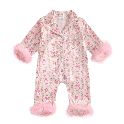 woshilaocai Baby Girl Button Down Romper Bow Strawberry Fuzzy Cuff Long Sleeve Jumpsuit Spring Summer Clothes