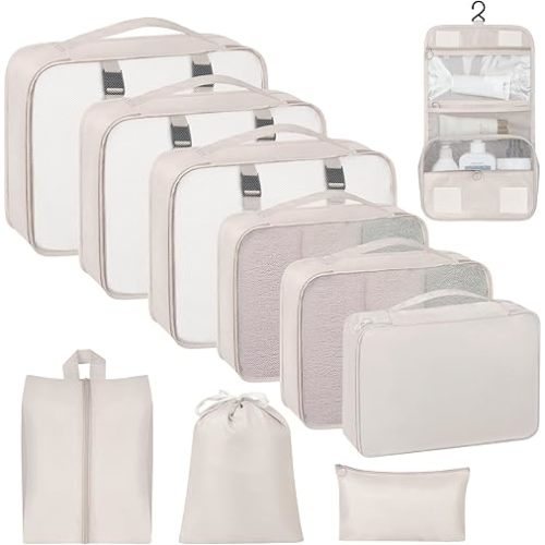 10 Set Packing Cubes for Travel, Luggage Organizer Bags with Hanging Toiletry Bag and Shoe Bag, Travel Packing Cubes for Carry on Suitcase Luggage Accessories Vacation Essentials (Black)
