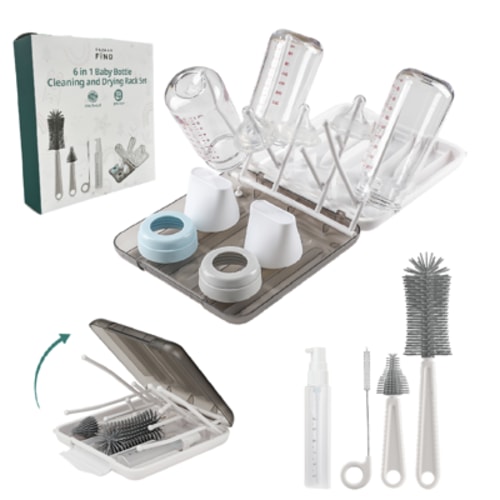 Travel Baby Bottle Cleaning Kit - Portable Silicone Baby Bottle Brush Set - Travel Bottle Drying Rack - Travel Bottle Cleaner Kit - Bottle Washing Kit - Nipple Brush Baby Essential Gray Bazaar Find