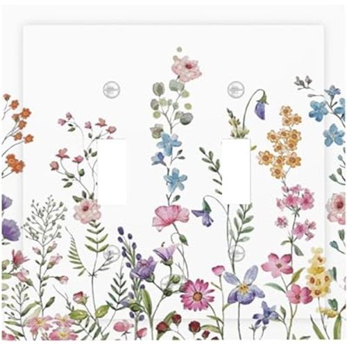 Vintage Wildflower Floral Flowers 2 Gang Mid Size Double Toggle Outlet Light Switch Cover Wall Plate Electrical Faceplate Decorative Dual Device Switchplate