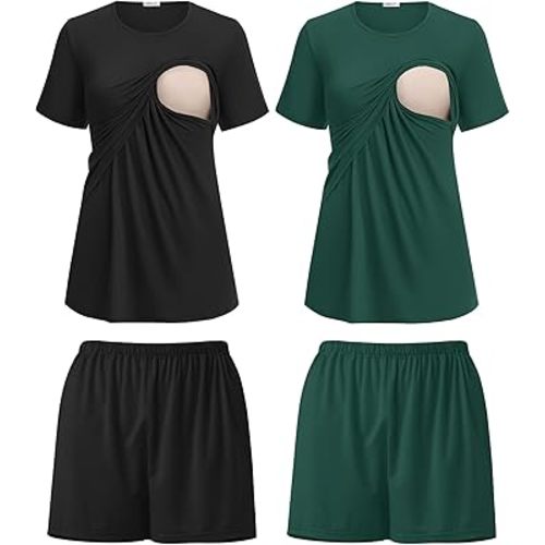 Ekouaer 2 Pack Women's Nursing Pajamas Set Double Layer Maternity Pjs Postpartum Loungewear Set Breastfeeding Tops & Shorts