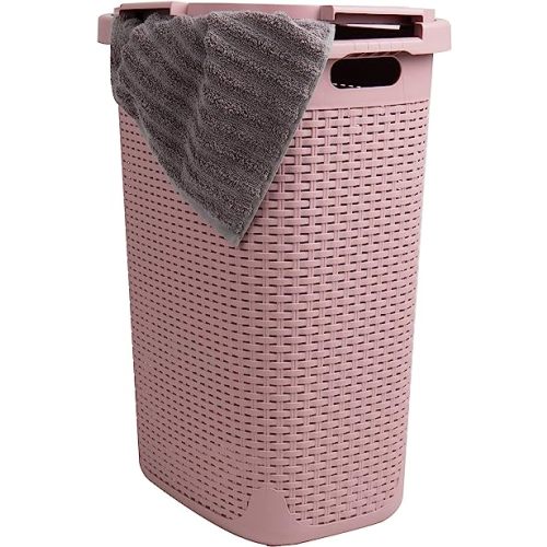 Mind Reader 60L Slim Laundry Hamper, Clothes Basket, Lid, Wicker Design, Plastic, 17.65"L x 13.75"W x 24.15"H, Pink