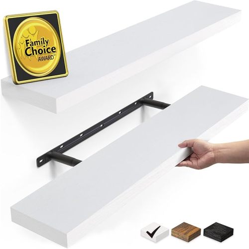BAYKA Floating Shelves Set of 2, 22.5" Rustic Wood Wall Mounted Shelves for Bathroom, Bedroom, Living Room, Kitchen & Office, Hanging Display Shelf with 22 lbs Capacity (White)