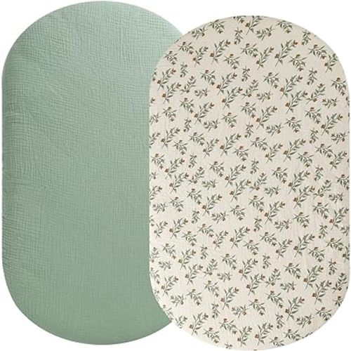 Muslin Bassinet Sheet Compatible with UPPAbaby Bassinet, 2 Pack Cotton Stylish Boho Fitted Bassinet Sheets Super Soft for Baby Roman Green & Botanical Leaf